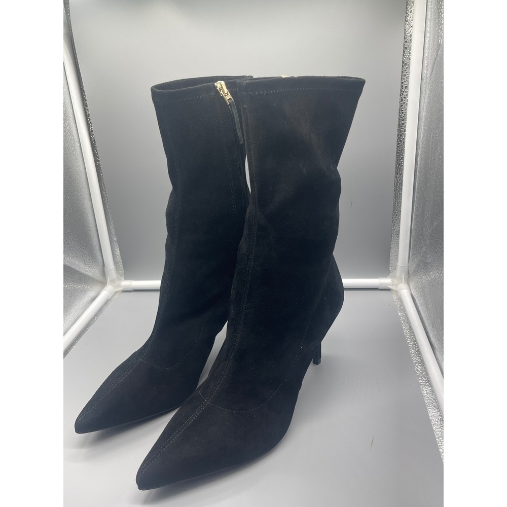 River‎ Island Black Faux Suede Pointed Toe Stiletto Sock Boots Size 39 Gold Zip